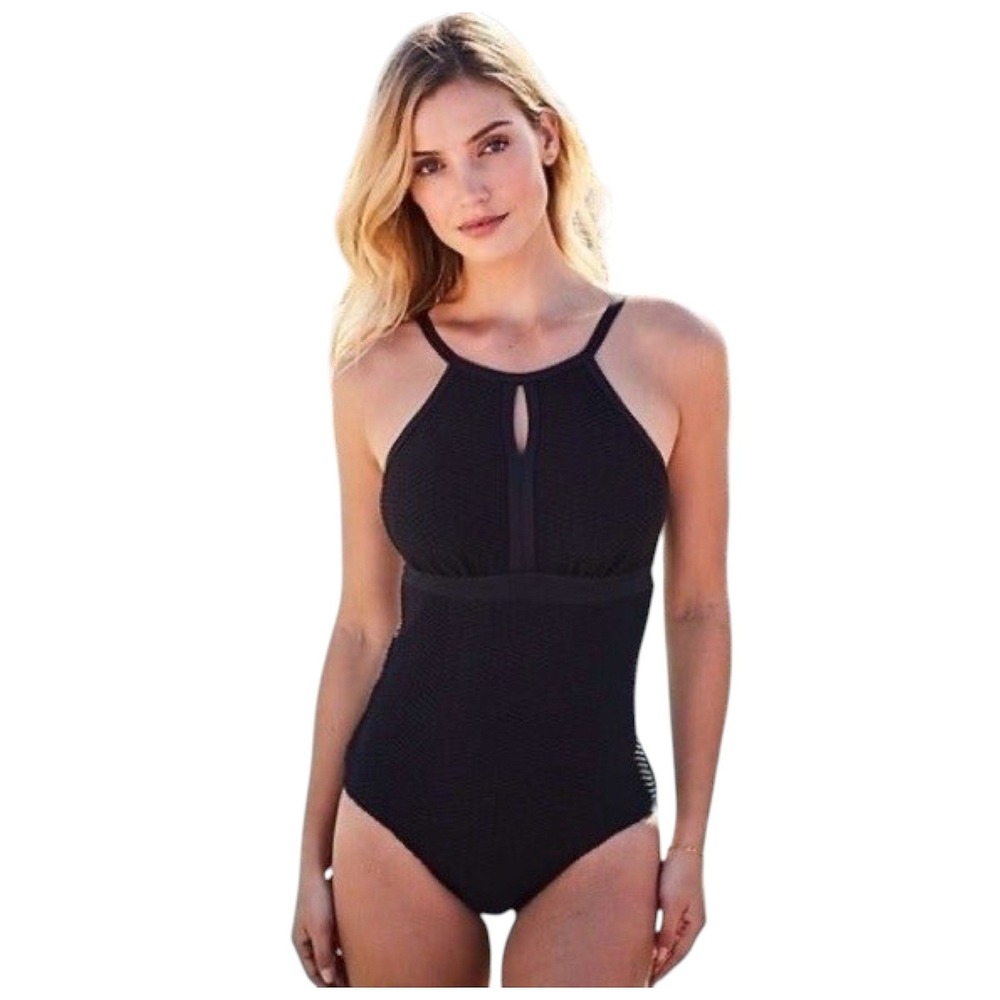 Lands End Black One Piece Swimsuit Textured High Neck Keyhole Vacation 14 D Cup